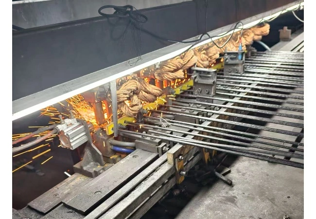 Automated resistance welding machine producing 3D welded mesh fence panels on factory production line with quality inspector in background